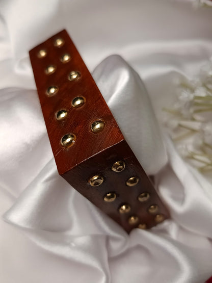 Trending free size up to 2'8 Geometric Wood Bangle with Gold Studs - Artisan Crafted Statement Piece