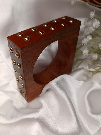 Trending free size up to 2'8 Geometric Wood Bangle with Gold Studs - Artisan Crafted Statement Piece