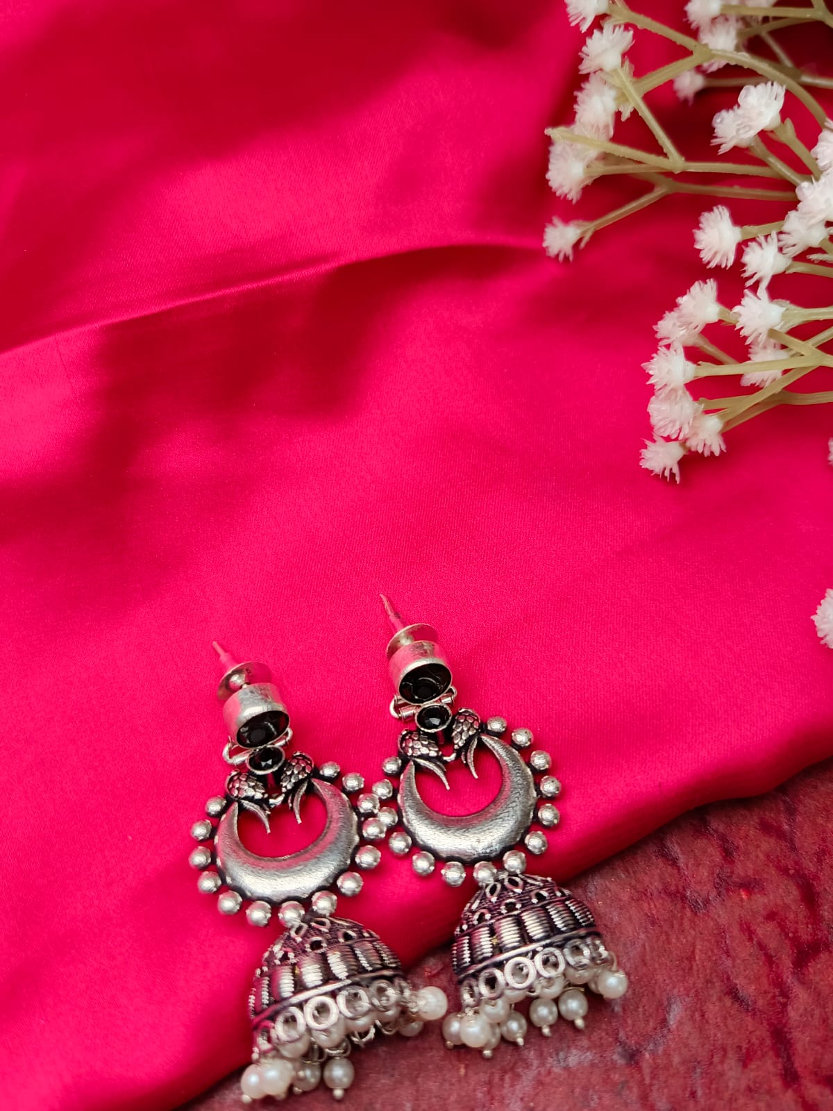 Oxidized Silver Plated Jhumka Earrings with Tribal Design