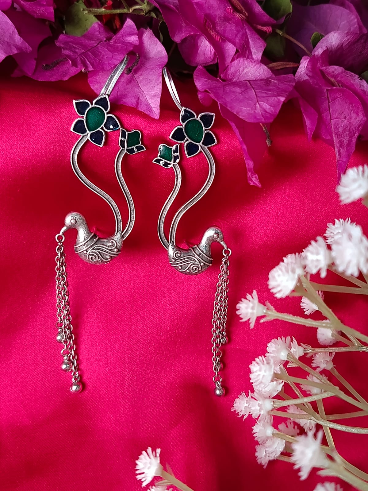 German silver Whimsical Peacock Dangle Earcuff