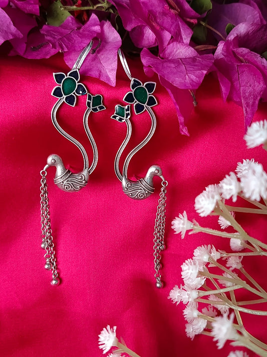 German silver Whimsical Peacock Dangle Earcuff