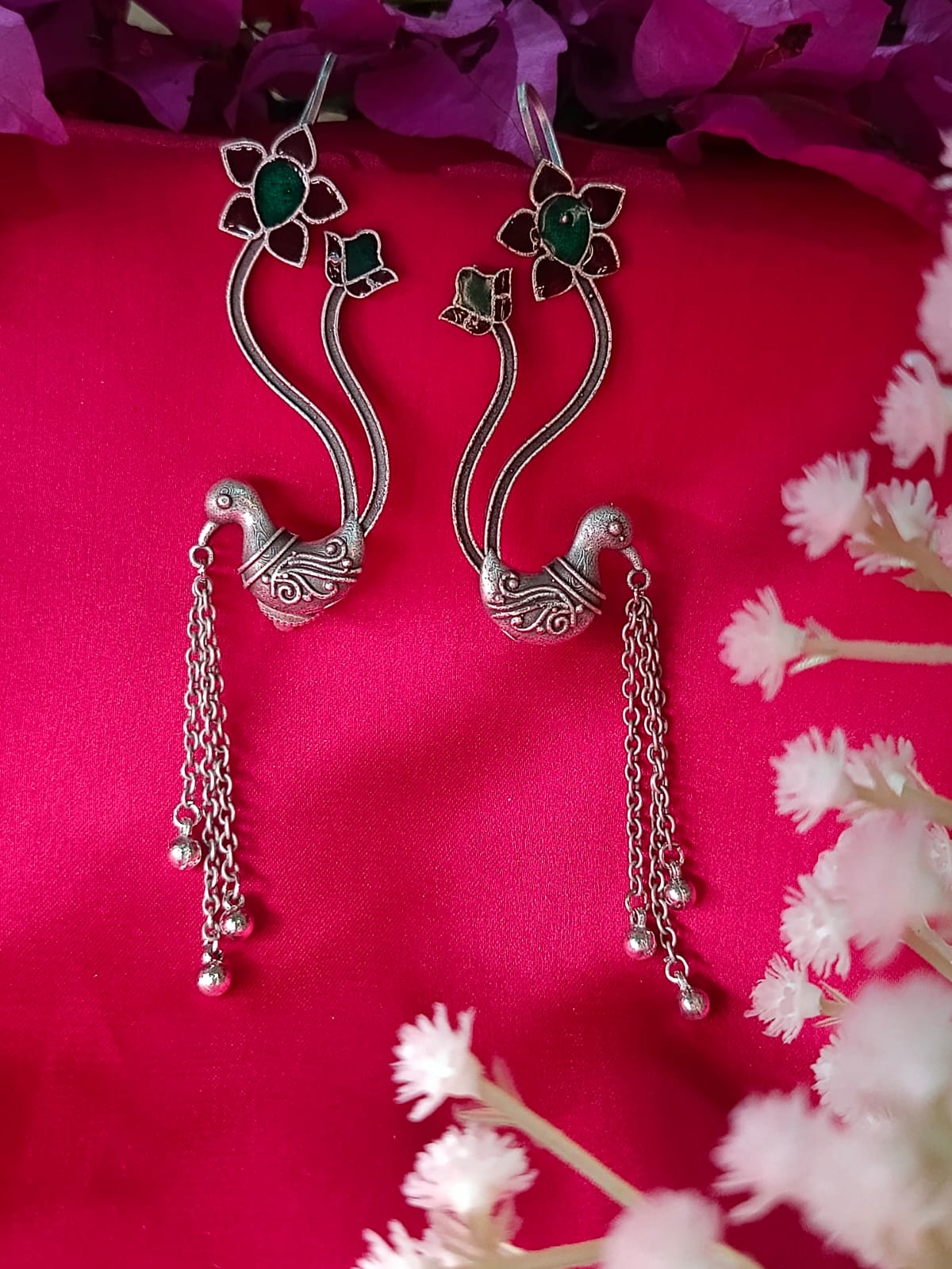 German silver Whimsical Peacock Dangle Earcuff
