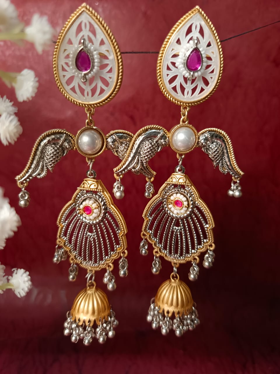 Dual-Tone Brass Jhumka Earrings with Pearl & Color Stone