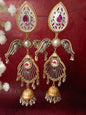 Dual-Tone Brass Jhumka Earrings with Pearl & Color Stone