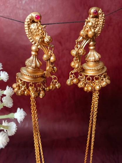 Antique Brass Jhumka Earrings with Long Chains