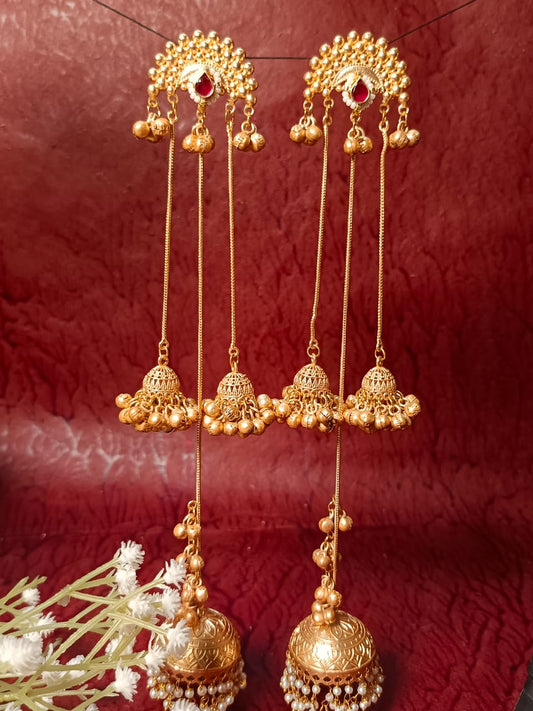 Layered Brass Jhumkas with Red Stone Accents & Ghungroos