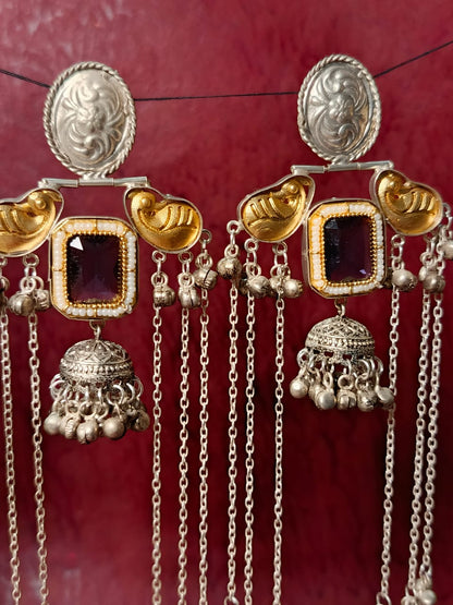 Dual-Tone brass Jhumka Earrings with Onyx and Chains