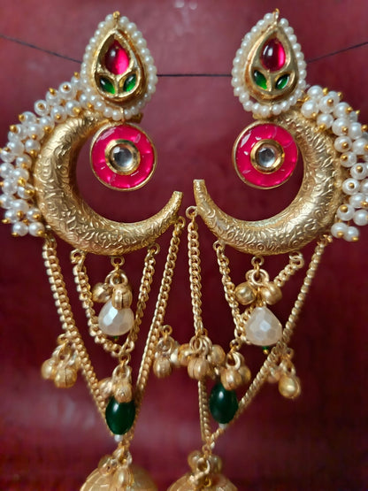 Kundan & Pearl Chandbali Jhumka Earrings - Antique Gold Tone Brass