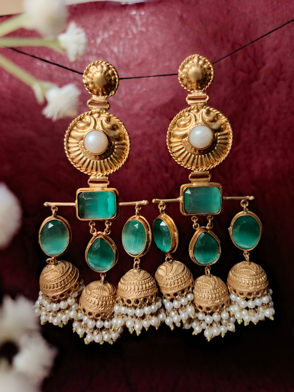 Handcrafted Brass and Pink Stone Jhumka Earrings with Pearls
