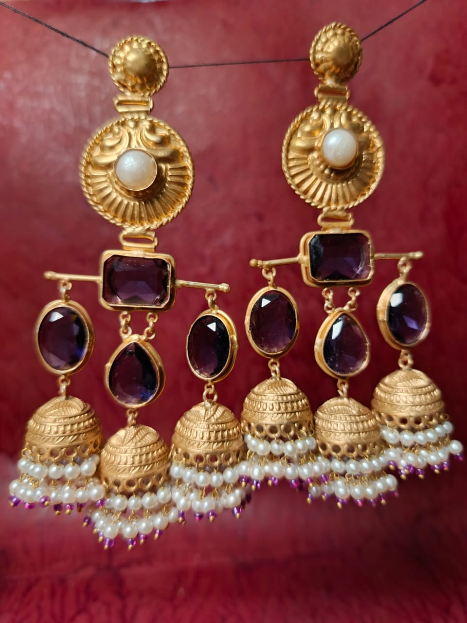 Handcrafted Brass and Pink Stone Jhumka Earrings with Pearls
