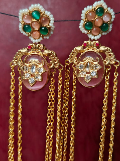 Regal Brass Gold-Plated Chandbali Jhumka Earrings with Pearls and Enamel