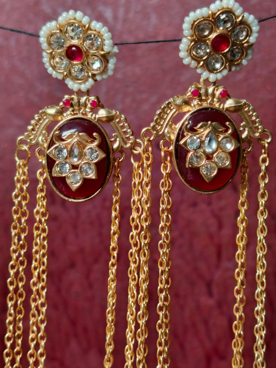 Regal Brass Gold-Plated Chandbali Jhumka Earrings with Pearls and Enamel