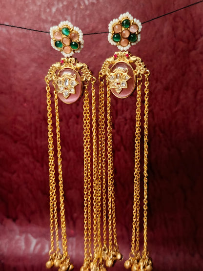 Regal Brass Gold-Plated Chandbali Jhumka Earrings with Pearls and Enamel