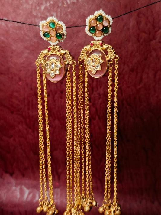 Regal Brass Gold-Plated Chandbali Jhumka Earrings with Pearls and Enamel