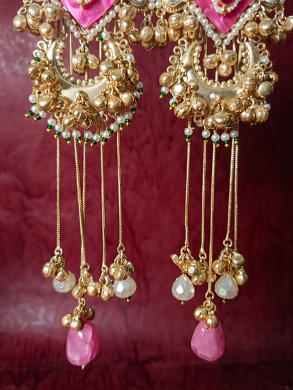 Regal Brass Gold-Plated Chandbali Jhumka Earrings with Pearls and Meenakari