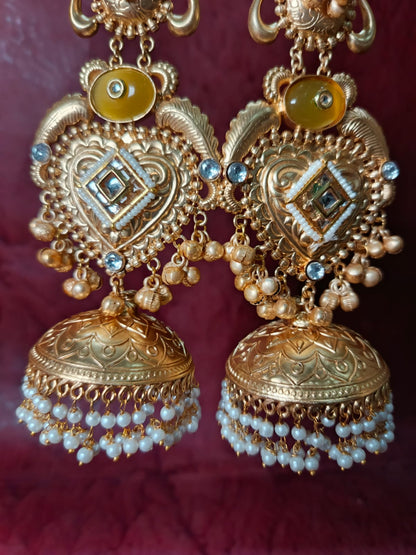 Majestic Gold-Plated Brass Heart-Kundan Jhumka Earrings