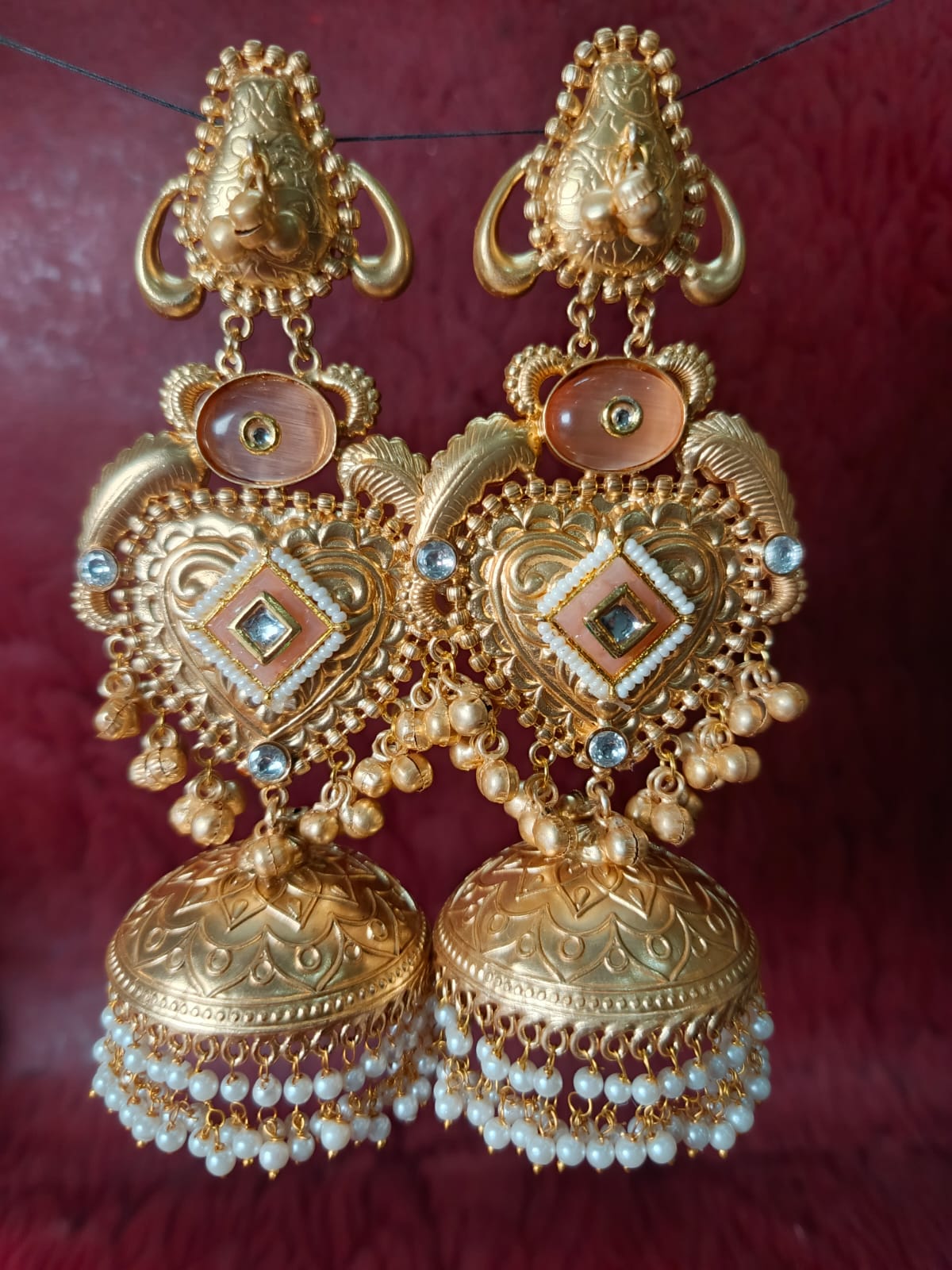 Majestic Gold-Plated Brass Heart-Kundan Jhumka Earrings