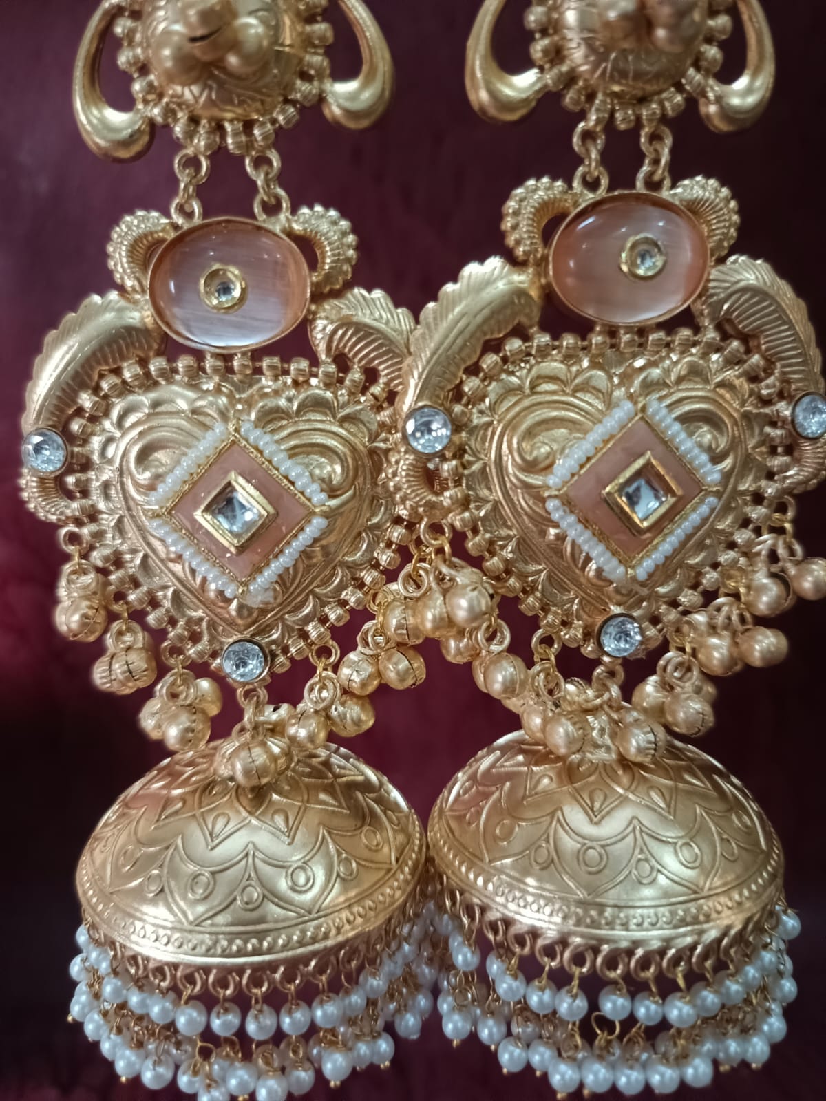 Majestic Gold-Plated Brass Heart-Kundan Jhumka Earrings