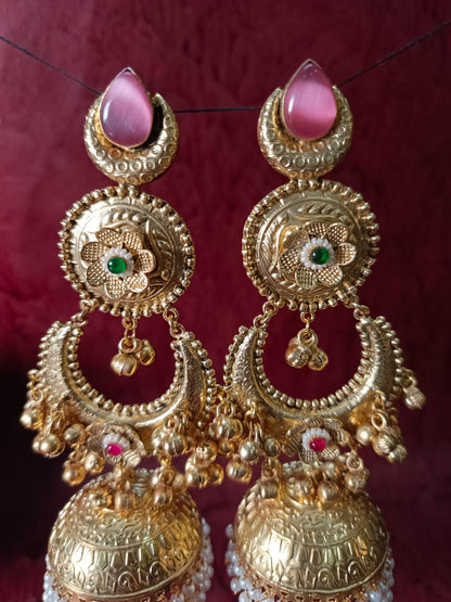 Traditional Gold Plated Brass Chandbali Jhumka Earrings