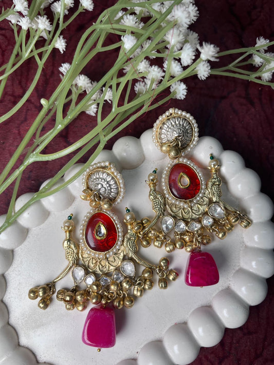 Ethnic Bridal Brass Jhumki with Yellow/Red Stone and Pearl Detailing