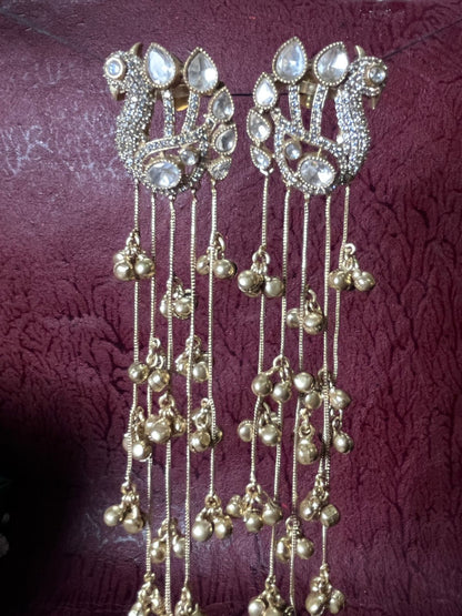 Dazzling Peacock Stud & Gold Ghungroo Chain Waterfall Earrings
