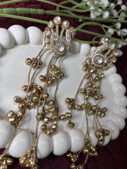 Dazzling Peacock Stud & Gold Ghungroo Chain Waterfall Earrings