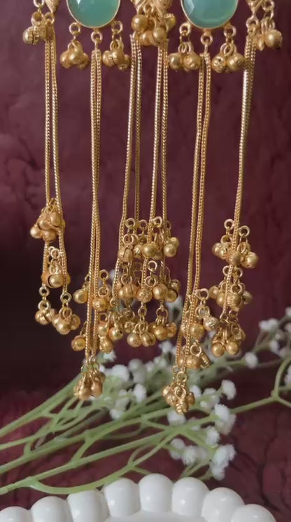 Emerald Green Kundan & Polki Style Brass Chain Earrings