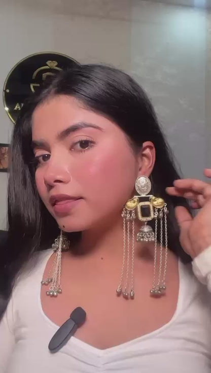Dual-Tone brass Jhumka Earrings with Onyx and Chains