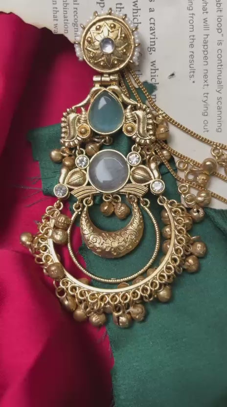 Regal Brass Chaandbali & Long Ghungroo Chain Statement Earrings