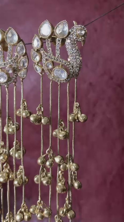 Dazzling Peacock Stud & Gold Ghungroo Chain Waterfall Earrings